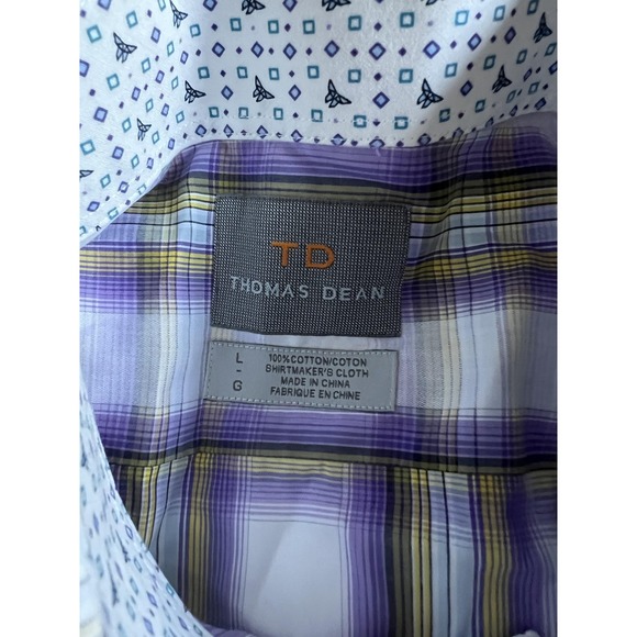 Thomas Dean Shirt Mens Large Purple Yellow Plaid Button Down Smart Casual Cotton - Picture 7 of 14